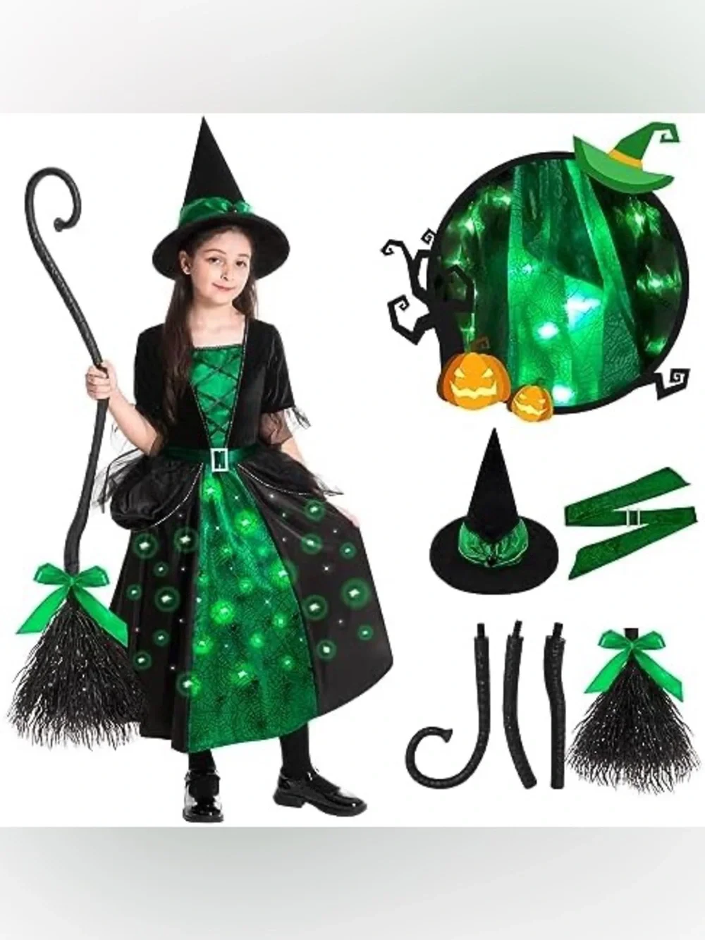 Poshetion Girls Witch Costumes, Light Up Halloween Witch Dress with Witch Broom